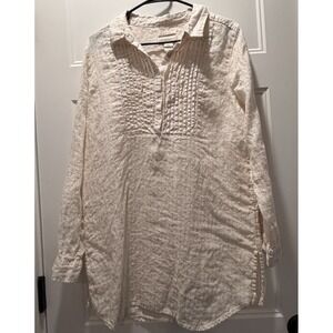 Cynthia Rowley 100% Linen Tunic Shirt Medium Ivory Yellow Stripe Pleated Front